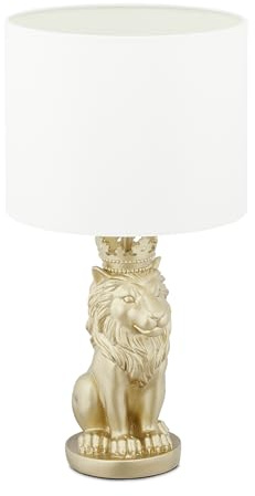Relaxdays Lámpara Mesita Noche Decorativa Pie León, Lámpara Sobremesa Pantalla Textil, E27, 47,5 x 25 cm, Blanco y Oro