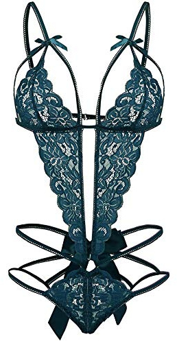 EVELIFE Sexig dambody, blommig spets, djup V-ringning, babydoll-underkläder, öppen rygg, under transparenta nattkläder, Färg: grön, XXL
