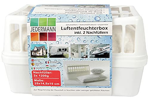 Deumidificatore con 2 confezioni di granuli di ricambio da 1200 g, per ambienti fino a 50 m², assorbe fino a 2.500 ml di liquido, riutilizzabile, soluzione contro l’umidità