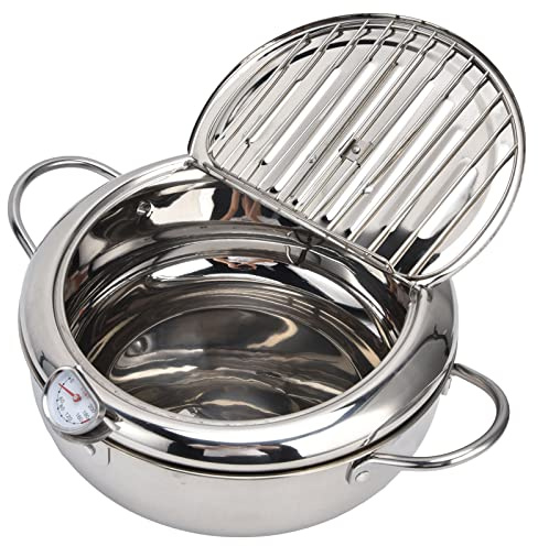 Deep Fryer Pot, with Thermometer,Lid and Oil Drip Drainer Rack, Japanese Tempura Fryer Pan Uncoated Fryer for Tempura Chips, Fries, Fish, and Chicken(Stainless Steel, 304 Stainless Steel #24cm)