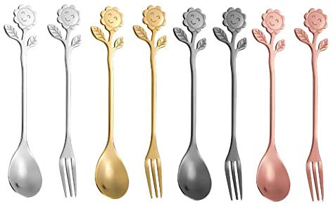 ARFUKA Coffee Spoon and Fork Gift Set Sunflower Spoons Fruit Forks Stainless Steel Dessert Spoon and Fork 8 Pack