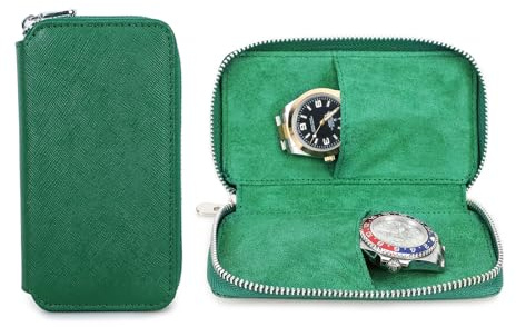 Hiram Uhren-Reiseetui 2 Uhren Aufbewahrungsbox Saffiano-Leder Tragbarer Uhr-Organizer mit Reißverschluss (Grün)