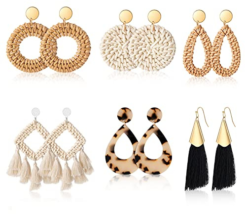 HIFOT Boho Ohrringe Set für Damen und Mädchen - Rattan Hand Gewebte Retro Ohrringe mit Stroh Design