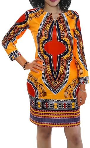 PerZeal Women Bohemian Bodycon Dress V Neck Long Sleeve Printed African Ethnic Style Midi Dress with Pocket