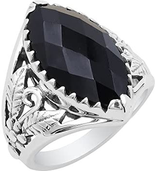 Onyx Herren Ring Onyx Sterling Silber Ring für Männer - 10x20mm Marquise Onyx Edelstein Massiv Sterling Silber Ring für Ihn-Bohemian Ring, Edelstein Edelmetall, Onyx