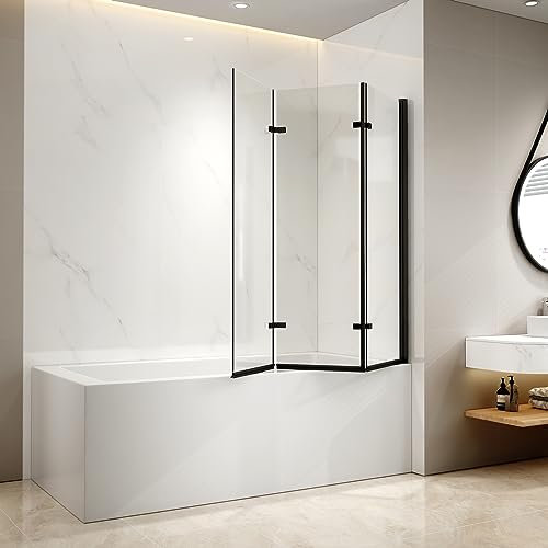 EMKE Duschwand für Badewanne 130x140 cm Schwarz, Duschtrennwand für Badewanne 3 teilig Faltbar, Badewannenaufsatz 6mm NANO-GLAS Duschabtrennung Badewanne Duschwand Glaswand Badewannenwand