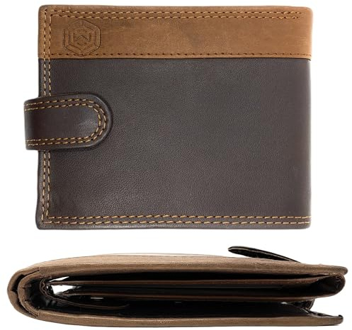 MOIRENTO Mens Brown Leather Wallet - Genuine Leather RFID Blocking Trifold Bifold - 7 Card Slots, 2 ID Windows, Coin Pocket - Brown/Tan with Securing Strap - Ideal Leather Wallets for Men, 502B
