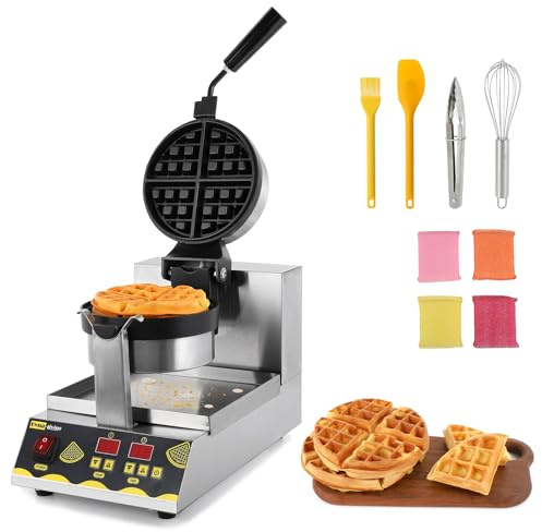 Dyna-Living Belgian Waffle Maker Commercial Intelligent Round Waffle Maker Rotating 180° Nonstick Flip Waffle Iron Machine Professional Commercial Waffle Maker for Restaurant 110V 1200W