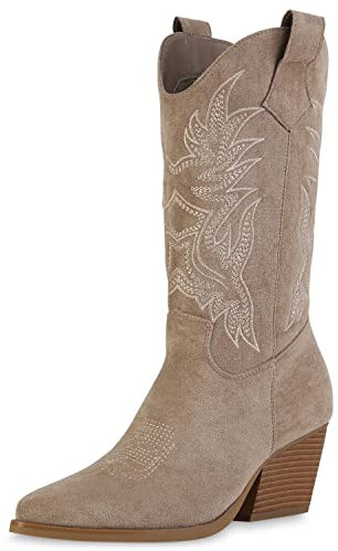 VAN HILL Damen Cowboystiefel Stiefel Spitze Western Schuhe Holzoptikabsatz Freizeitstiefel Stickereien Boots Westernstiefel 211255 Khaki Velours 36