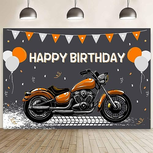 AIBIIN 8x6ft Motorcycle Birthday Backdrop Orange Motocross Racing Balloon Happy Birthday Party Decoration Extreme Sports Photography Background Supplies Boys Dirt Bike Bday Cake Table Banner