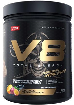 V8 Total Energy – Pre Workout Booster – Trainingsbooster – CarnoSyn®, BetaPower®, natürliches Koffein – Vegan – Zuckerfrei – 20 Portionen – Made in Germany (Orange Passionfruit)
