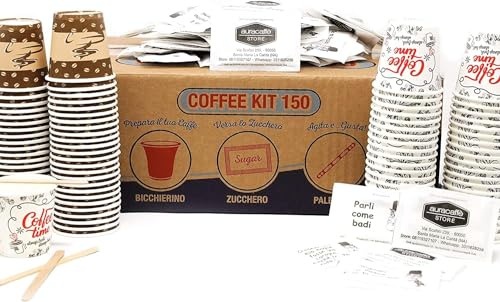 AURACAFFE' KIT ACCESSORI CAFFE - 2400 Pezzi - Bicchieri Caffe in carta Palettine Imbustate Singolarmente - Zucchero monodose con frasi