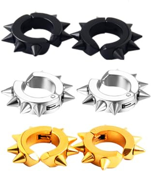 3 Pairs Punk Rivets Clip on Hoop Earrings Set Stainless Steel Spikes Awl Non Piercing Taper Huggie Helix Cartilage Earrings