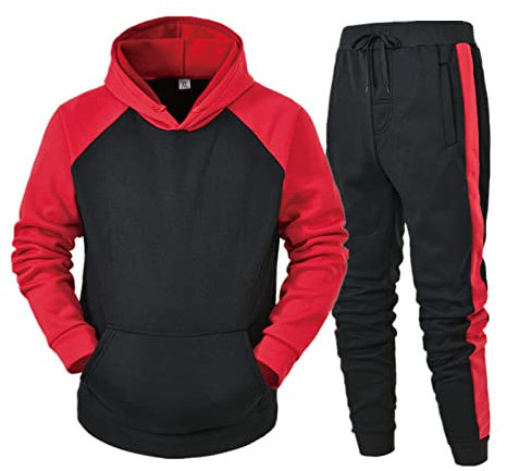 QWUVEDS Stil lässige Winter Farbe Herren Kontrast samt Sportbekleidung Herren Anzüge & Sets Jogginghose Hoodie Set Herren (0113B-Red, L)