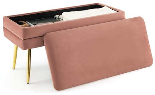 RELAX4LIFE Sitzbank mit Stauraum, Polsterbank mit Metallbeinen, Betttruhe Gepolstert, Truhenbank für Wohnzimmer Schlafzimmer Flur, Rosa+Gold, 78 x 36 x 42 cm