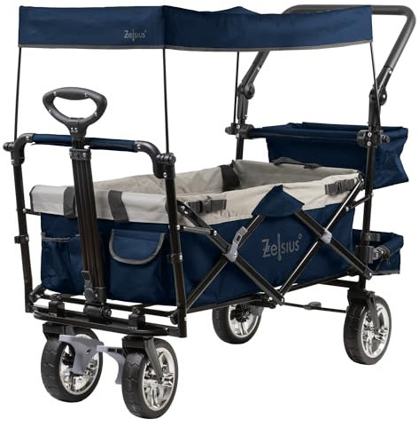 Zelsius Bollerwagen faltbar mit Dach | Blau/Grau | Transportwagen mit Gurtsystem | Handwagen, Klappbollerwagen, Gerätewagen | Faltbollerwagen klappbar, Gartenkarre mit Sonnendach, Transportkarre