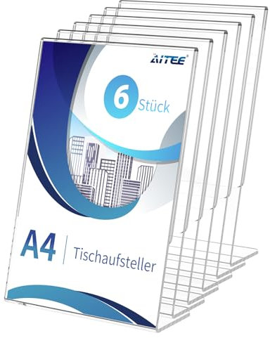AITEE A4 Acryl Tischaufsteller Schräg: 6 Stück Transparent Aufsteller Plexiglas Werbeaufsteller L-ständer für Büro, Restaurant, Geschäft, Hotel, Werbeaktionen, Theke