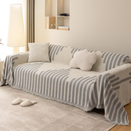 VanderHOME Copridivano Super Soffice, Copridivano 3 posti, Plaid divano Decorativa a Motivo Artistico con Frangia per Divano/Letto/Esterno 180 * 340cm-Grigio chiaro