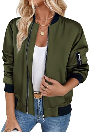 Zeagoo Jacket Women with Zip Long Sleeve Bomber Jacket Autumn Solid Blouson Jackets Windproof Bomber Jackets Winter Coat Army Green S