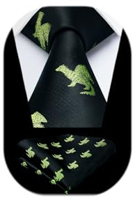 HISDERN Herren Krawatte Schwarze Dinosaurier Muster Hochzeit Krawatte für Herren Klassische Business-Krawatte und Einstecktuch Set