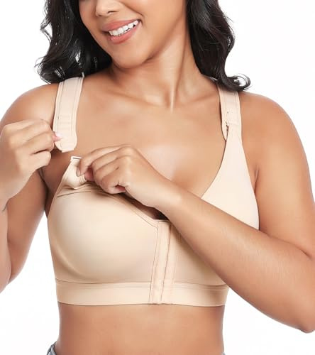 Lemorosy BH Ohne Bügel Starker Halt Vorderverschluss Racerback (Beige,80C)