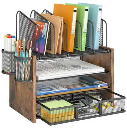 Whemyreat 4 Tier Mesh Schreibtisch-Organizer Aus Holz Und Metall ，Schwarz Papier Organizer Briefablage A4 Mit Drawer Und 2 Stifthaltern,Dokumentenablage Schreibtisch,Desk Storage Organizer FüR BüRo