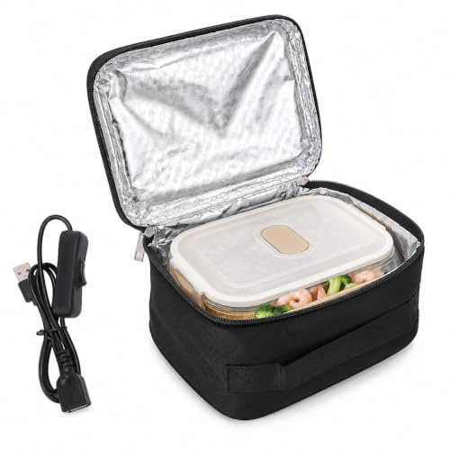 YUMILI Bolsa de Almuerzo Horno Portátil, Caja de Almuerzo Calentada con Revestimiento de Película de Aluminio para Microondas Portátil con Carga USB con 2 Métodos de Calentamiento