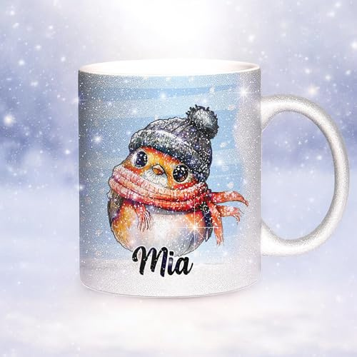 Sunnywall Keramik Tasse Kaffeebecher Glitzertasse Weihnachtstasse Winter | Keramikbecher 330 ml spülmaschinengeeignet für Kaffee Tee Büro Alltag mit Motiv und Namen personalisierbar