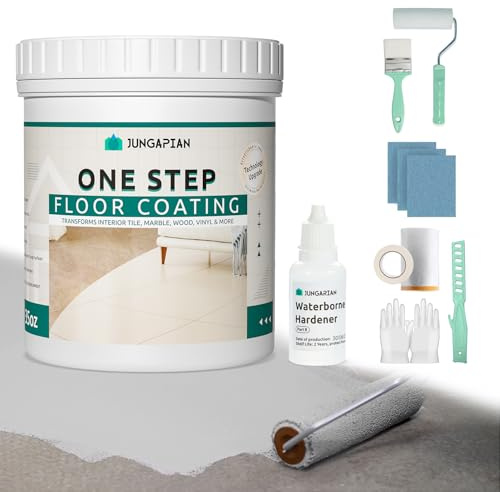 JUNGARIAN All-In-One Interior Floor Coating Kit, Water-based & Low Odor One-Step Floor Paint, High Hardness Waterproof Paint for Ceramic, Porcelain, Fiberglass, Hardwood, Laminate, Vinyl, 35OZ, Iron Ore