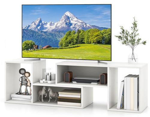 GYMAX Mobile TV Console da 32-60 Pollici Convertibile, 135 x 30 x 40 cm, Estensione e Rotazione Libera, Mobile Multimediale Porta TV, Cubi Aperti, Carico 50 kg, Soggiorno, Camera da Letto (Bianco)