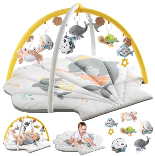 Suihuooo Baby Play Mat, Ocean Shell Theme Playmats & Floor Gyms, Baby Play Gym with 6 Detachable Activity Toys, Early Sensory Development Play Mat for Infant & Newborn
