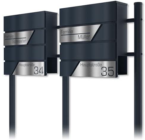 Graviers Design Doppelbriefkasten mit Briefkastenständer Anthrazit RAL 7016 - Postkasten personalisiert Edelstahl Gravru Schild - Briefbox mit Schloss Zeitungsrolle Zeitungsfach