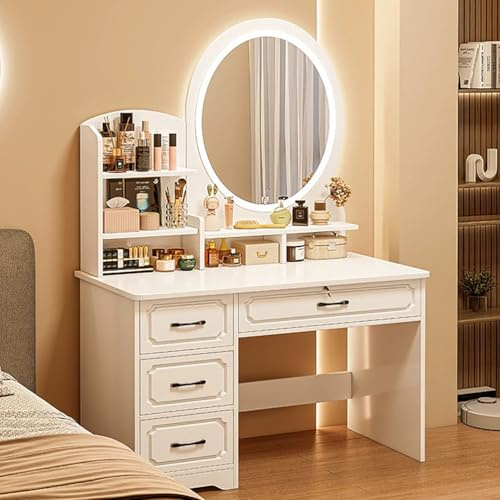 LGYWPA Tavolino da Toilette, scrivania Vanity con Specchio Illuminato e luci, luci LED a 3 Colori, scrivania per Il Trucco con 4 Ampi cassetti per la Camera da Letto, Bianco,Round Mirror