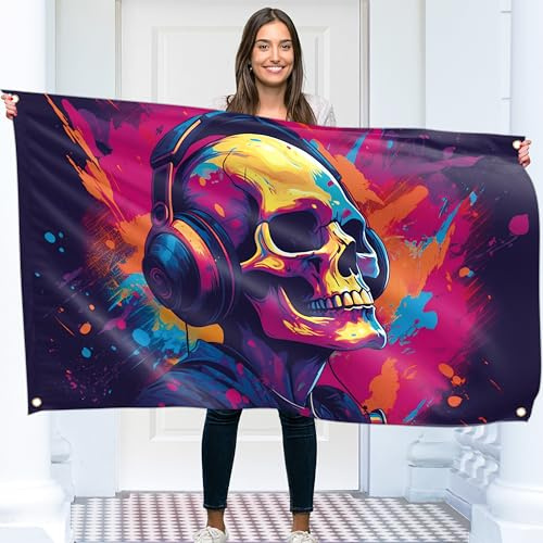Totenkopf mit Kopfhörern Flagge – Musik Groß Lustige Flagge – Beidseitiger Druck – 110D Polyester – Doppelnaht – 2 Messingösen, groß 90x150 cm (5 x 3 Fuß)