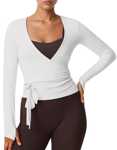 Damen Y2k Ballett Wrap Top Langarm Tiefer V-Ausschnitt Slim Fit Yoga Pilates Ballet Workout Tops Sexy Blickdichter Wickeloberteil Weiches Bandage Shirt Einfarbig Wickelbluse Dancewear Tanzbekleidung