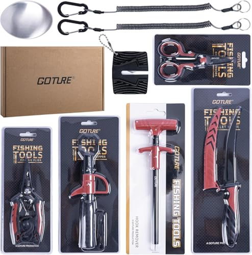 Goture Pro Angelset und Werkzeugset – Angelzange aus 3CR13-Stahl, Filetiermesser, Schärfer, Schere, Fischlippengreifer, Hakenlöser, Lanyards, Waage, Knotenzieher, Geschenke für Angler
