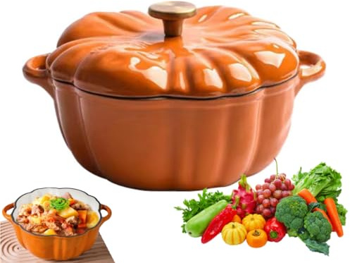 Cocotte en fonte émaillée avec couvercle pour Halloween - Marmite en forme de citrouille pour décoration d'Halloween - Cocotte en forme de citrouille pour décoration d'automne et de Thanksgiving (1,5