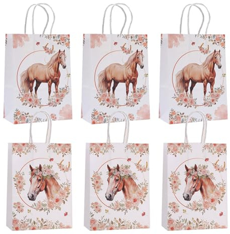 Ovanda 6 Stück Pferde Geschenktüten 21 x 15 x 8 cm, Pferde Geburtstag Mitgebsel Tüten für Kindergeburtstag, Pferdegeburtstag Deko Mädchen, Geschenkpapier Pferde Look und Party Gastgeschenke