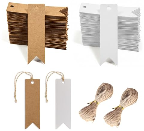 HMCEY 200 Pezzi Etichette Carta Kraft 2 X 7 CM,Etichette Regalo Cartoncino con Filo di Iuta da 40 M,Cartoncini da Appendere per Bomboniere,Gift Tags per Matrimoni, Artigianato, Natale - 2 colori