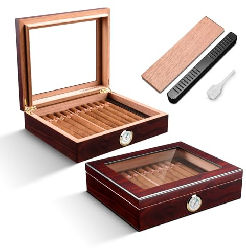 CLZOONG Cigar Humidors Spanish Cedar, Elegant humidor with Hygrometer and humidifier Cedar Wood Humidor Case Cigar Desktop Box Gifts for Men (Crimson)