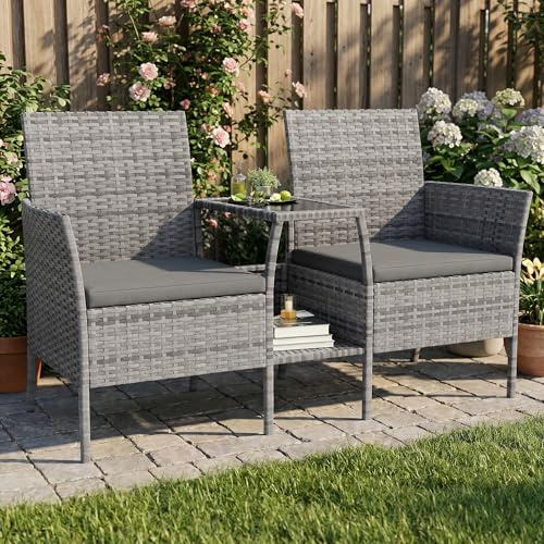 Amopatio Polyrattan Gartenbank, Outdoor Sitzbank mit Tisch & Ablage, Gartenmöbel Rattan Gartensofa, Wetterfest & UV-beständig Balkonbank Sitzgruppe für Garten, Balkon, Grau
