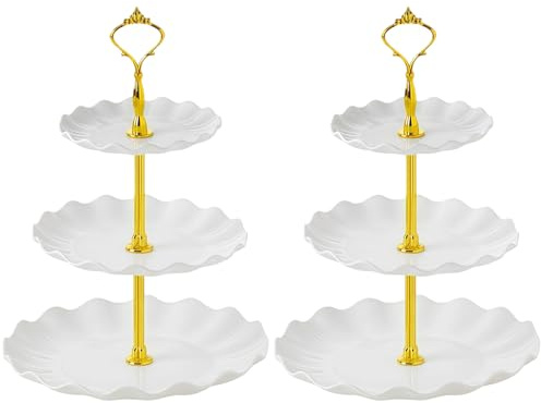 IONEKIUK 2 Pack 3 Tier Cake Stands for Afternoon Tea | Reusable white and gold dessert stands with handles, ideal for cupcakes, weddings, birthdays and tea parties