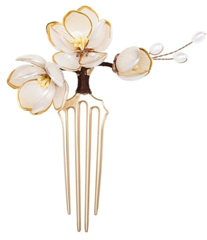 TOYZFRIENDY Antiker Haarkamm Haarnadel Haarschmuck mit Blumenmotiv aus Metall Beige für Traditionelle Asiatische Frisuren und Brautstyling