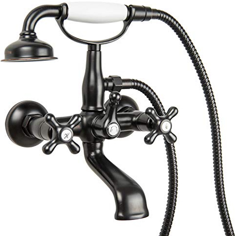 PaulGurkes Wannenarmatur Retro schwarz Aufputz Nostalgie Handbrause Landhausstil schwarze Armatur für Wanne mit Schlauch und Brausekopf 2-Wege Umsteller zwei Verbraucher Wanneneinlauf Vintage