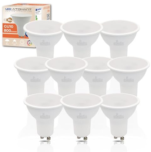 LED ATOMANT Packung mit 10 LED Lampe GU10 8W, Farbe Warmweiß (3000K), 800 Lumen, Äquivalent zu 80W traditionell