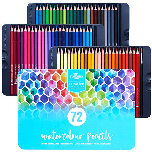 Stationery Island Aquarellstifte-Set – 72 Farben + 1 kleiner runder Pinsel – Wasserlösliche Buntstifte für Künstler, Erwachsene und Kinder zum Ausmalen und Zeichnen für Kalligrafie und Aquarellmalerei