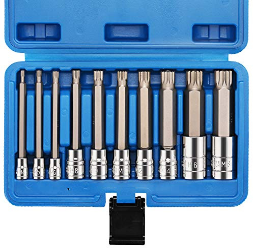 CASOMAN 10 Piece Spline Tip Bit Socket Set, M-Type, S2 and Cr-V Steel, Extra Long 4'' Length, M4-M18, XZN Triple Square Spline Bit Socket Set