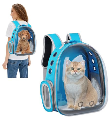 PETCUTE Kattryggsäck, expanderbar bärryggsäck för kattkapsel, transparent bubbelbärare för husdjur frampack med 9 ventilationshål andas, för katt hund utomhusvandring och resor blå