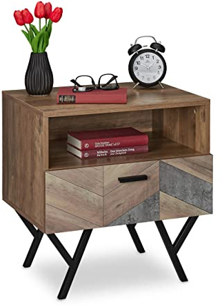 Relaxdays Nachttisch mit Schublade, Industrial Style, braun | Wohn- & Schlafzimmer Beistelltisch, HxBxT: 53 x 50 x 42 cm