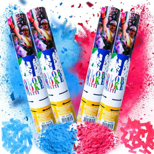 Cyiecw Gender Reveal Konfetti Kanone mit Farbpulver, Geschlecht Verkünden Konfetti Shooter 2 Blau und 2 Rosa, Boy or Girl Bunte Schnipsel Popper Baby Biologisch Abbaubare Luftkanone für Party, Feier